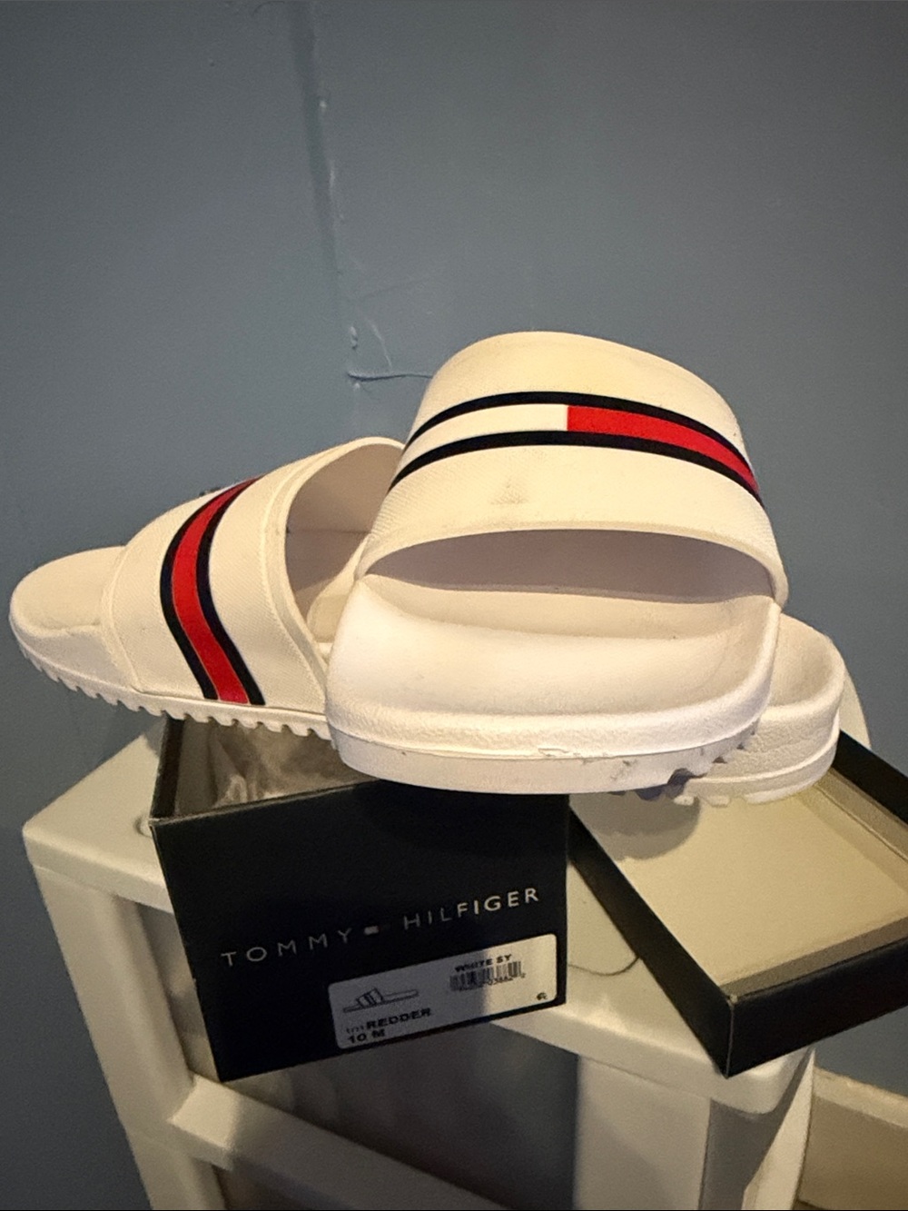 Tommy Hilfiger White Slides with Red and Navy Stripe